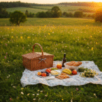 Cottagecore living, a picnic basket on a blanket, baked goods and flowers