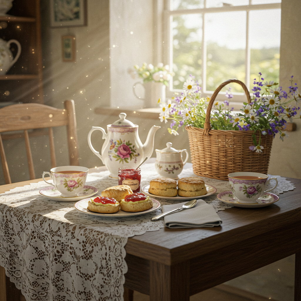 cottagecore habits, kitchen, breakfast, tea, biscuits