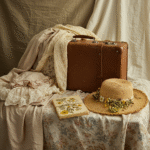 Whimsical essentials. A vintage suitcase and cottagecore clothing. Packing essentials.