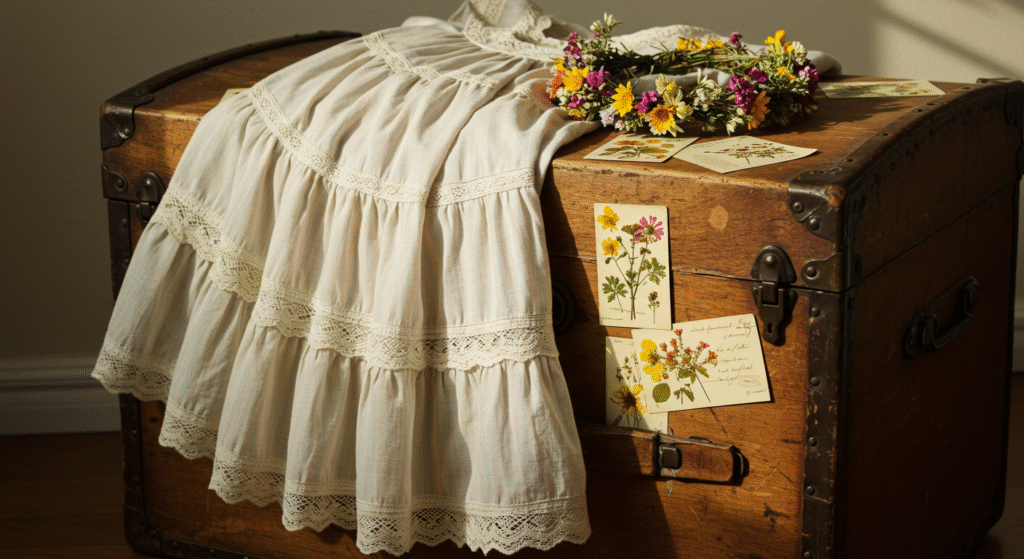A cottagecore dress laying on a vintage chest with a flower crown laying next to it.