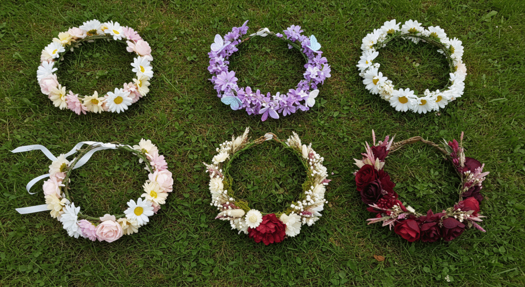 DIY Flower Crown. Six different crowns sitting in the grass. Some are light pastels, some are dark and gothic.