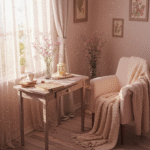 Journal Prompts inspired by fairycore magic. Pink room with a desk and chair covered by a knit blanket.