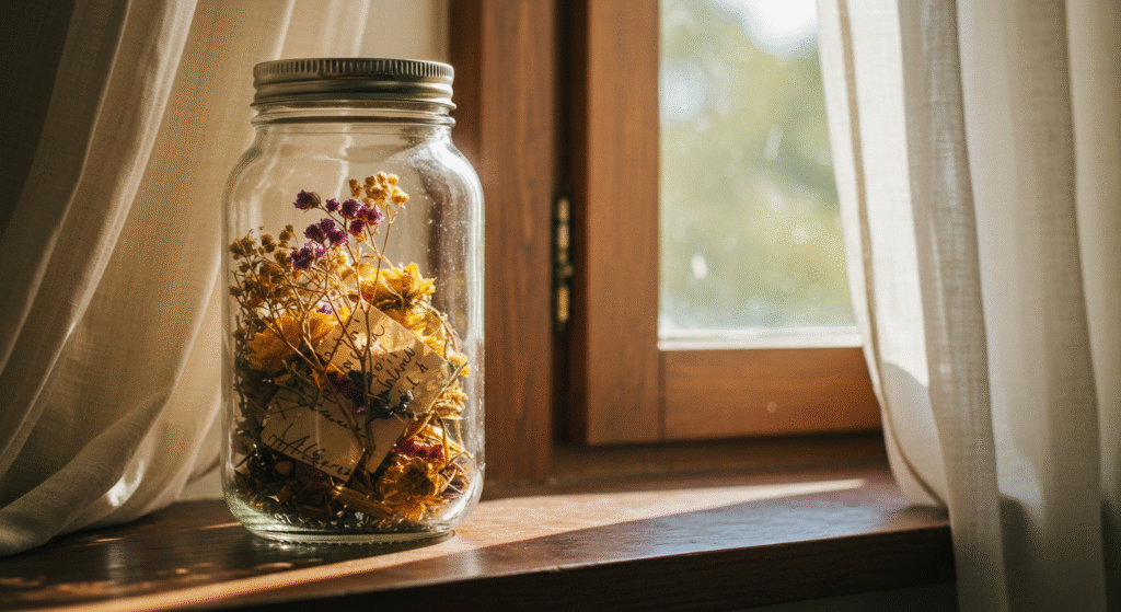 Summer bucket list ideas, a jar filled with dried flowers and meaningful notes.