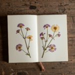 Pressed Flower Crafts. Pink and yellow flowers pressed into a blank journal.