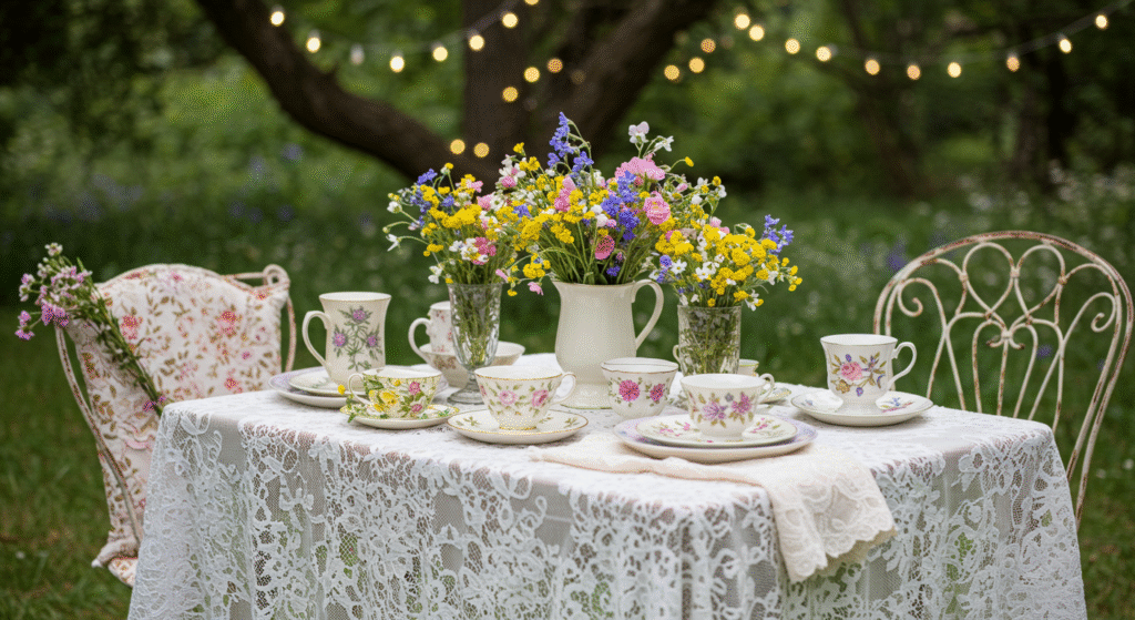 A summer bucket list tea party with floral and lace details and pastel flowers.